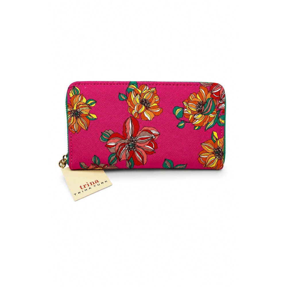 Trina Turk Floral Zip‎ Around Wallet Clutch Hot Pink Kelly Green Cottagecore NWT